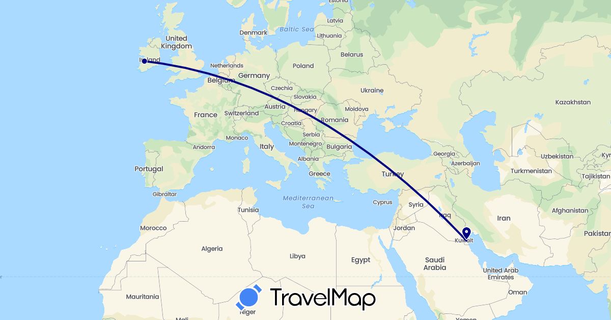 TravelMap itinerary: driving in Ireland, Kuwait (Asia, Europe)